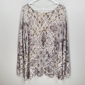 J. Jill Size L Cream Tan Patterned Long Sleeve Layered Tunic Top Shirt